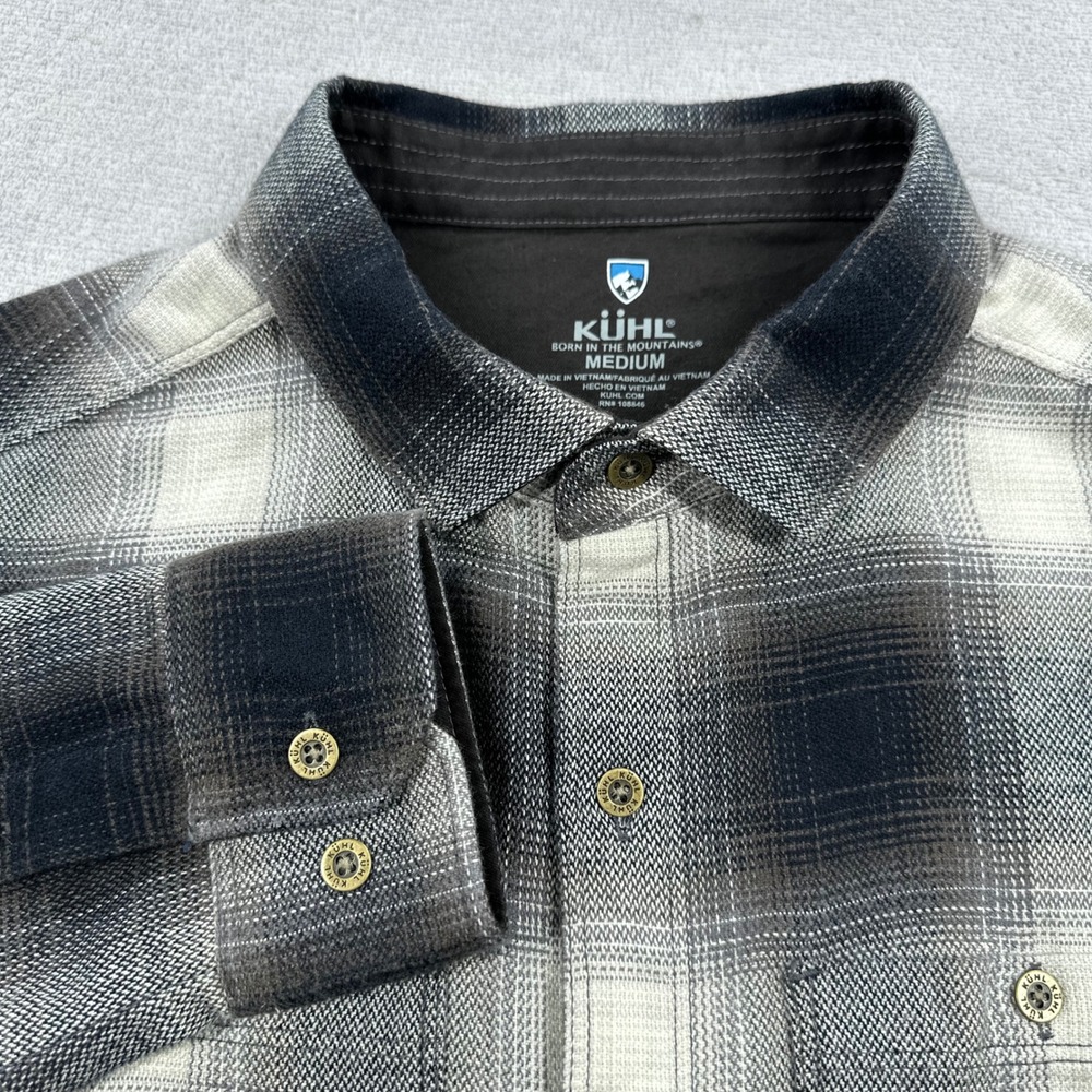 KUHL Button Down Shirt Men Medium Black Gray White Plaid Ombre Cotton Tencel